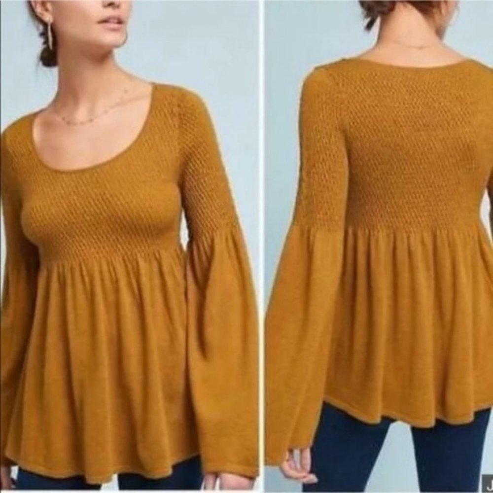 Anthropologie Knitted & Knotted Esme Mustard Bell Sleeve Sweater